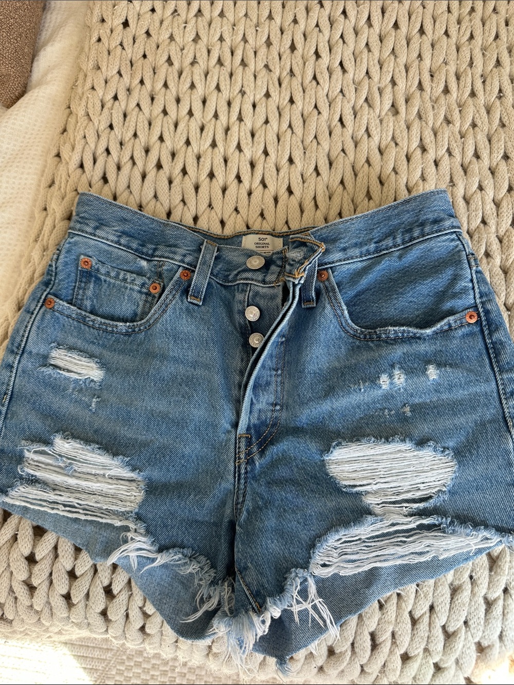 Levi's Medium Blue Distressed High-Rise Jean Shorts